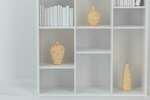 Cabinet with books and vases inside in the empty new house, 3d rendering. photo