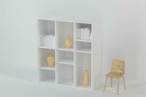 Cabinet with books and vases inside in the empty new house, 3d rendering. photo