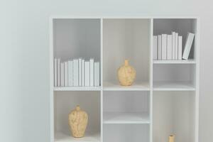 Cabinet with books and vases inside in the empty new house, 3d rendering. photo