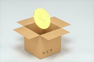 The cartons and COINS are on a white background, 3d rendering. photo