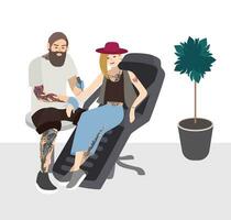 Tattoo master at work. Professional tattooer doing tattoo to young woman. Tattooist with client. Flat illustration. vector