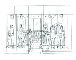 Modern interior boutique, shopping center, mall with clothes. Contour sketch illustration. vector