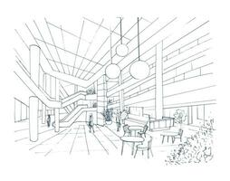 Modern interior shopping center, mall. Contour sketch illustration with food court. vector
