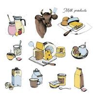 Dairy products hand drawn collection. Set milky farming assortment. Vector colorful illustration on white background.