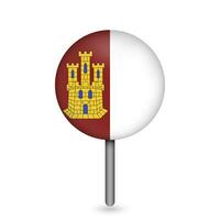 Map pointer with Castilla La Mancha flag, autonomous community of Spain. Vector illustration.