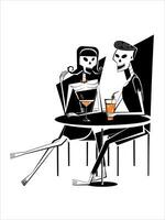 Skeleton man and woman pair sitting in the bar with orange coctails. Halloween skeleton pair characters in retro rock style. vector