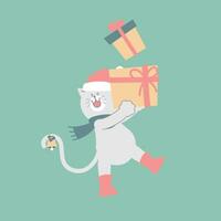 alegre Navidad y contento nuevo año con linda gato y presente regalo caja en el invierno temporada verde fondo, plano vector ilustración dibujos animados personaje disfraz diseño