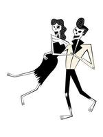 Dancing skeleton pair characters. Skeleton man and skeleton woman Halloween characters in rock retro style. vector