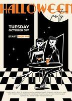 Halloween party invitation in retro style. Skeleton pair man and woman in bar in retro style of 60's-70's. Day of the Dead concept. vector