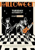 Halloween retro party invitation. Skeleton rock band in retro style of 60's-70's. Three skeleton characters-two male guitarists and one female singer. vector