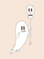 Cute ghost with skull balloon. Halloween ghost character in groovy style. vector