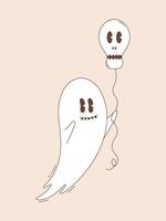 Cute ghost with skull balloon. Halloween ghost character in groovy style. vector