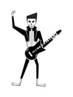 Cool rock musician male skeleton character with black guitar in retro style of 60's-70's. Halloween skeleton character. Day of the Dead skeleton character. vector