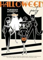 Skeleton ladies set with four characters - lady cat, witch, ghost and monster. Halloween poster in retro style of 60's-70's. vector