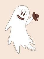 Uncle ghost character with smiling face and bowler hat in hand. Halloween ghost character in groovy style. vector