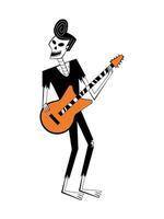 Skeleton with guitar in retro style. Halloween skeleton character in rock style. Day of the Dead skeleton. vector