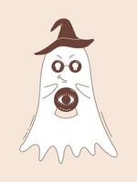 Ghost in witch hat with crystal ball. Halloween ghost character in groovy style. vector