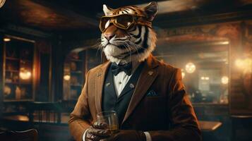 retrato de un Tigre vestir un traje y auriculares en oscuro antecedentes foto