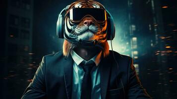 Portrait of a tiger wear a suit and headphones on dark background photo