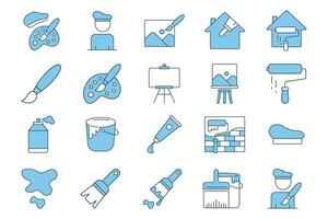 Painting set icon. Contains icons paint brush, canvas, painter, paint tubes, etc. Flat line icon style. Simple vector design editable