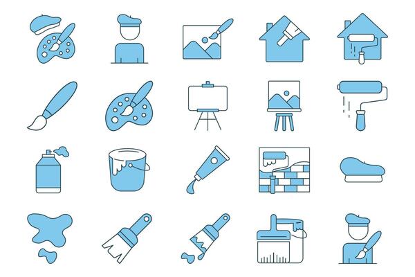 Painting set icon. Contains icons paint brush, canvas, painter, paint tubes, etc. Flat line icon style. Simple vector design editable