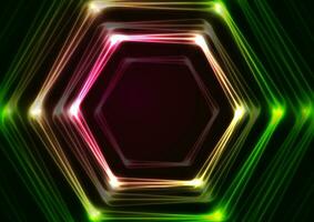 Green pink glowing neon tech hexagons abstract background vector