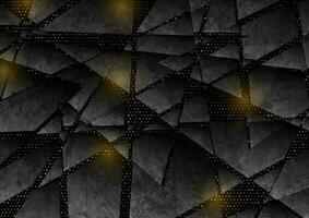 Black grunge low poly background with shiny golden dots vector