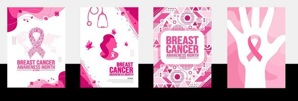October is breast cancer awareness month portrait book cover design template bundle. Holiday concept. background, banner, placard, card, book cover and poster design template with ribbon and text vector