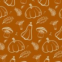 Vector seamless pattern with pumpkin mushrooms and leaves orange background
