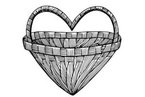 Hand drawn sketch of wicker basket. Engraved style vector illustration. Template for your design works.