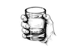 Whiskey glass in hand drawn ink sketch engraving style vector illustration.