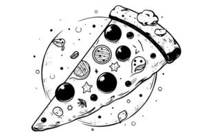 rebanada de Pizza amante tinta bosquejo. grabado estilo vector ilustración. Arte para imprimir, diseño, bandera.