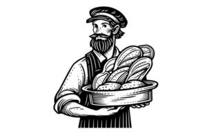 Hand drawn ink sketch of male baker with baked bread on a tray. Engraved style vector illustration. Design for logotype, advertisement.