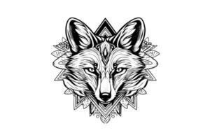 Fox logotype mascot hand drawn ink sketch. Vector illustration in engraving style.