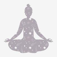 Silhouette yoga meditating man with stars. Human connection with cosmos and moon, ritual practices, International Day of Yoga template, poster, postcard, t-shirt print, logo design. Hand drawn vector