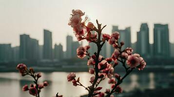un ver de Cereza flores con el ciudad en el antecedentes ai generativo foto