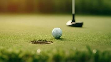 el golf pelota en el golf curso será entrar el agujero ai generativo foto