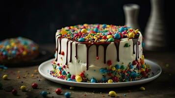 hermosamente decorado y delicioso mirando cumpleaños pastel ai generativo foto