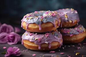 Fresh yummy colorful donuts on grey background photo