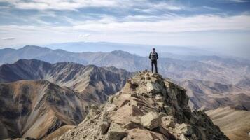 Hikers enjoy the view of the mountain peaks AI Generative photo