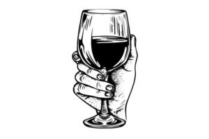 vino vaso en mano dibujado tinta bosquejo grabado estilo vector ilustración.