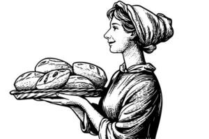 Hand drawn ink sketch of female baker with baked bread on a tray. Engraved style vector illustration. Design for logotype, advertisement.