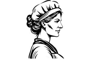 Hand drawn ink sketch of female baker or cook. Design for logotype, icon, advertisment. Engraved style vector illustration.