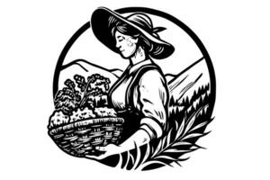 A woman farmer harvesting in the field in engraving style. Drawing ink sketch vector illustration.