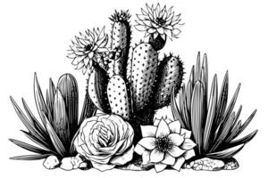 Set of cactus in engraving style vector illustration.Cactus hand drawn sketch imitation.