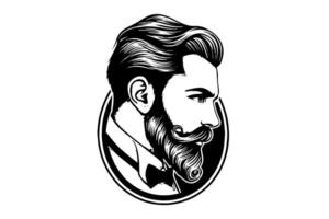 mano dibujado retrato de barbado hombre en perfil. hipster tinta bosquejo. logotipo vector ilustración.