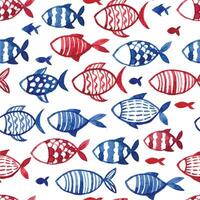 watercolor seamless pattern with fish. children's simple drawing blue and red fish on a white background. doodle vector