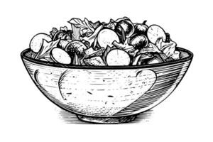 Bowl vegetables salad ink sketch hand drawn. Engraving style vector illustration.