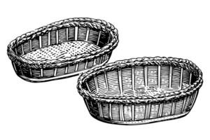 Hand drawn sketch of wicker basket. Engraved style vector illustration. Template for your design works.
