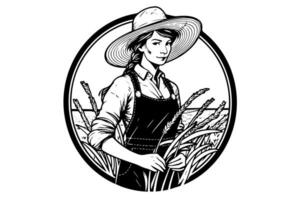 A woman farmer harvesting in the field in engraving style. Drawing ink sketch vector illustration.